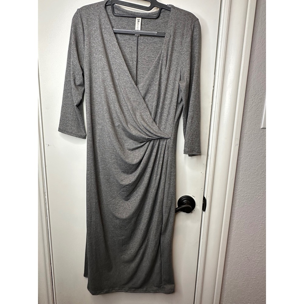 24seven Comfort Apparel Gray Faux Wrap Midi Dress 3/4 Sleeve Ruched Womens Med